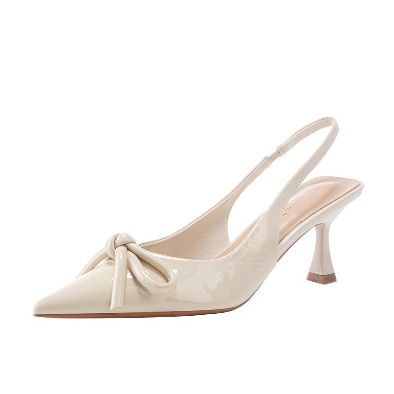 Bow Patent Leather Pointed Head Thin Heel High Heel Single Shoes Women's Word with Temperament Bag Head Sandals Spring and Summer