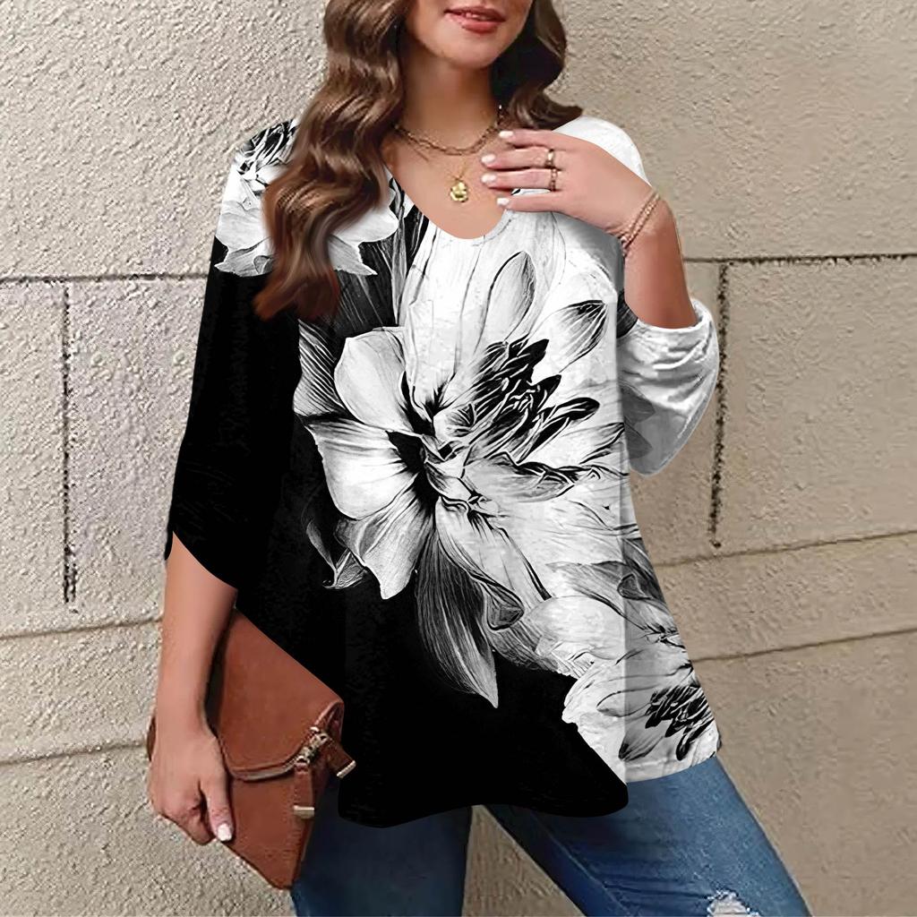 Women's Plus Size Fashion Printed Casual Pleated Round Neck Long Sleeve Top