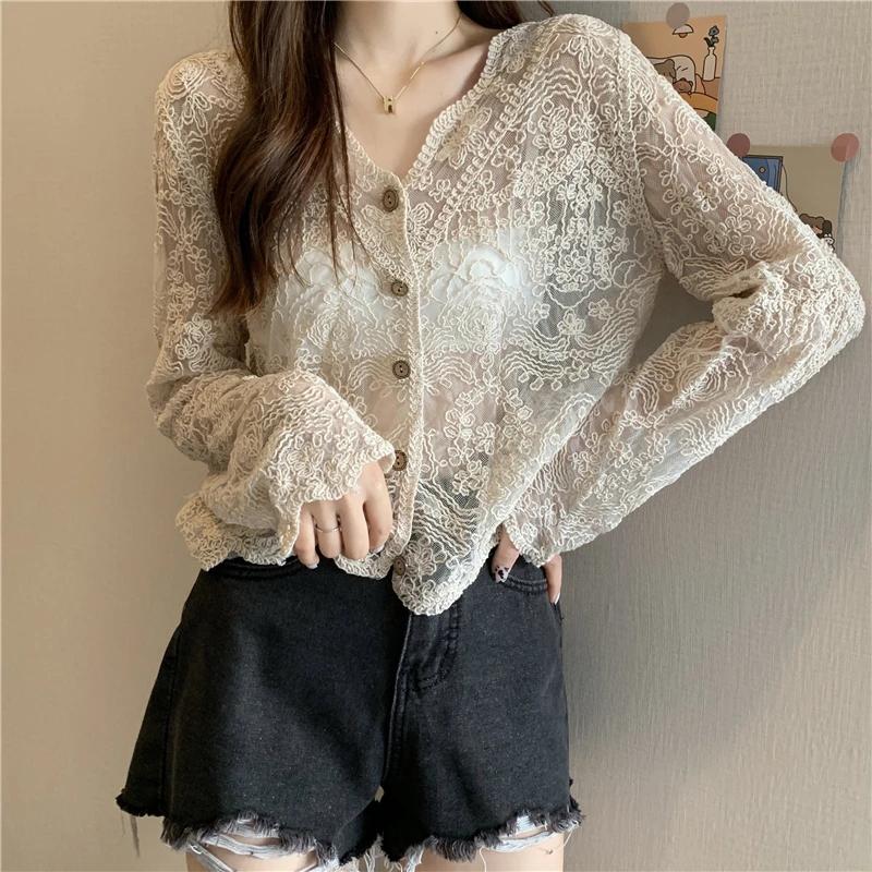 Korean Style Casual Sun Protection Sexy Ladies Tops Vintage Summer Lace Blouses Women See Through Sheer Long Sleeve Sun Shirts