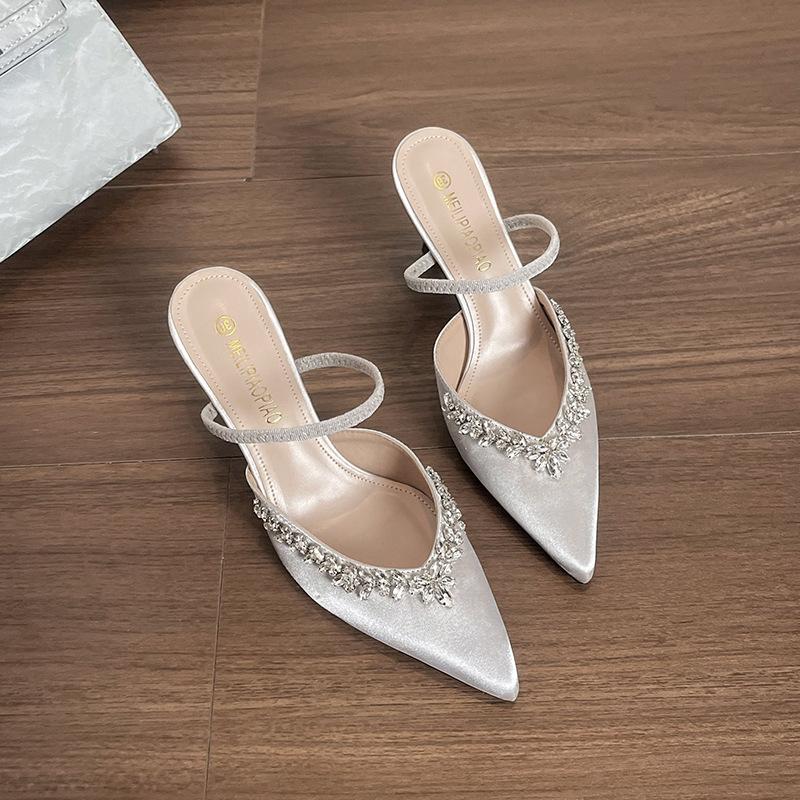 Sheepskin style, thin heel pointed cold slippers French word with thin high-end feeling full diamond banquet high heels women's summer
