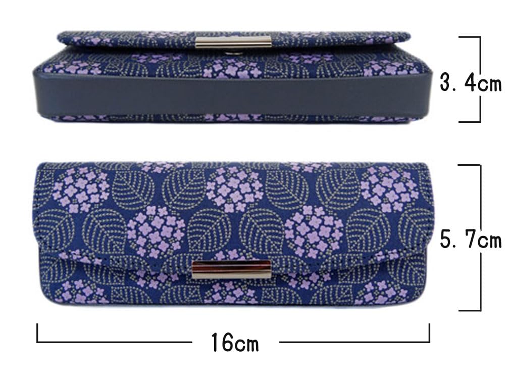 Large Hard Eyeglass Inden Navy Blue Deerskin with Gray Purple Chintz Hydrangea Pattern [Inden-ya] Case, 8007, Misono, Lacquer, Design,