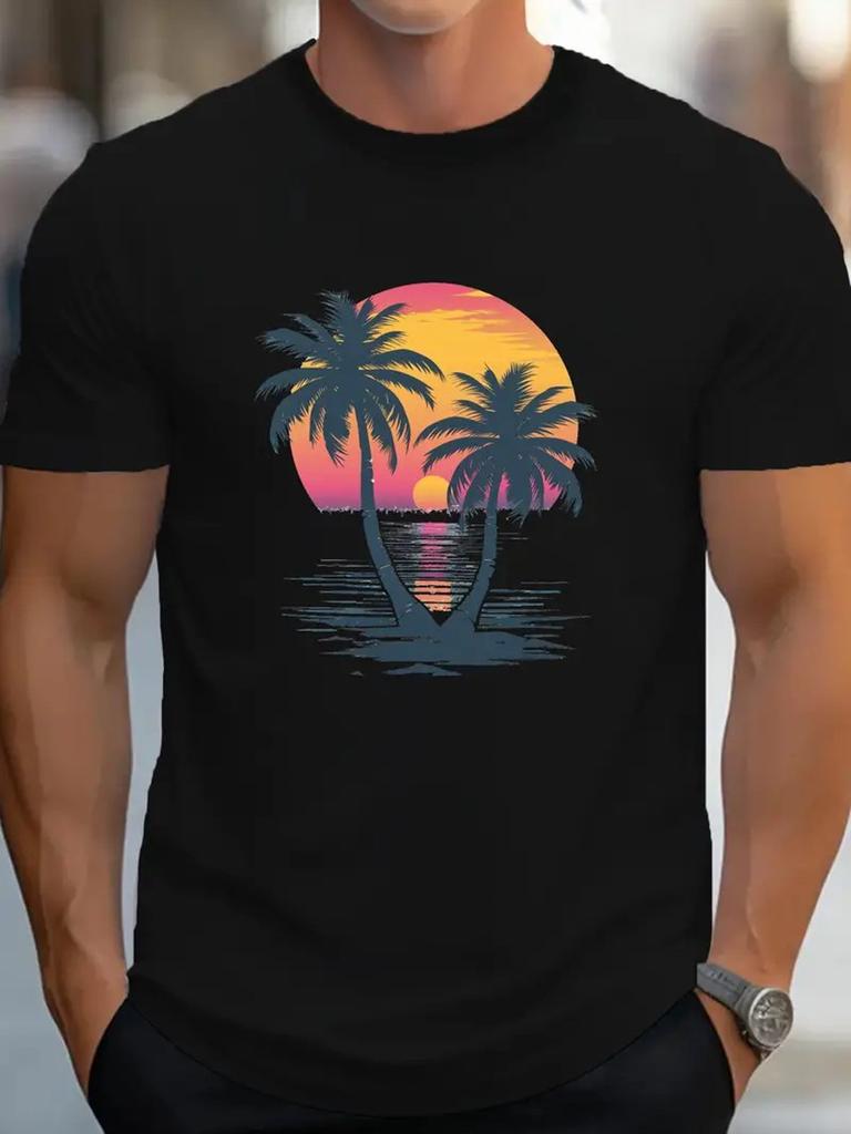 Mens Tropical Sunset Palm Tree Printed Shortsleeved Tshirt Breathable Casual Streetwear Suitable for Outdoor Activities