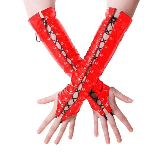 

Black Red Long Pvc Sexy Women Gloves Ladies Fetish Faux Leather Black Bandage Gloves Clubwear Sexy Cosplay Costumes Night Club One Size