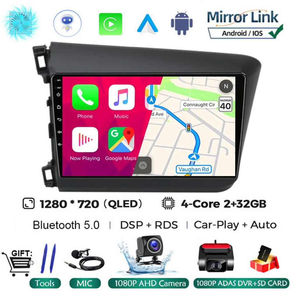 9" 2 Din Android 14 Car Radio for Honda Civic 2012 2013 2014 2015 Multimedia Player 2din Carplay Stereo GPS DVD Head Unit NO DVD