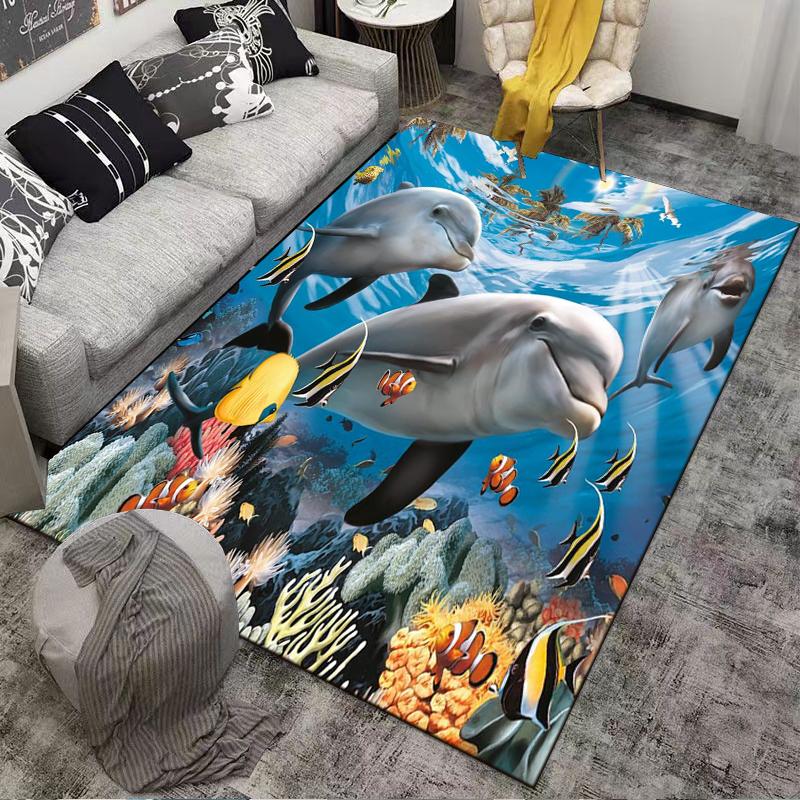 "Dolphin Ocean Underwater Coral Reef Themed Colorful Carpet Rug" Suitable for Use As an Anti-slip for Living Room Bedroom Sofas