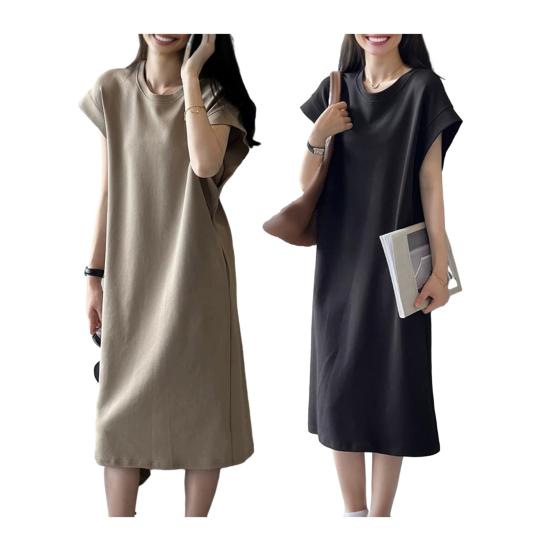 Women T-shirt Dress Round Neck Short Sleeve Loose Fit Casual Dress Solid Color Design Summer Dress Daily Wear