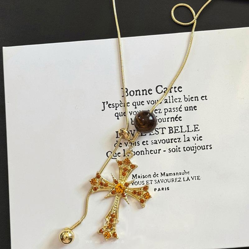 Vintage Tiger Eye Stone Cross Pendant Necklace with Sweater Chain Design