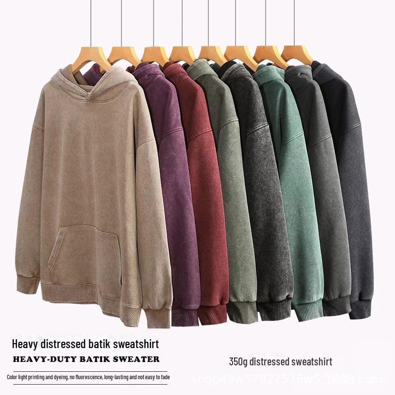 

350g Hooded Washed Batik Solid Color Sweater – Trendy Loose-Fit Fashion XL