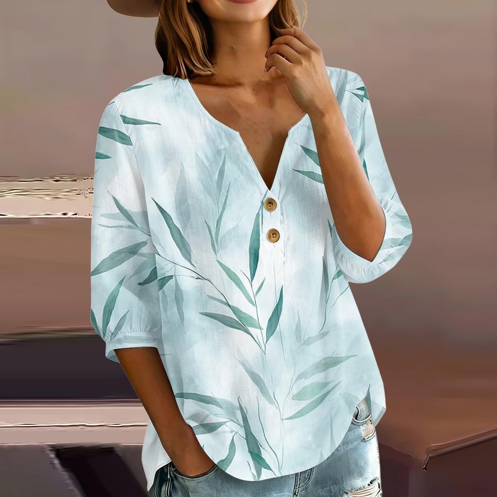 Women’s Casual Floral Print Henley Neck Cotton Linen Shirt Three Quarter Sleeve Button Front Loose Fit Blouse Top