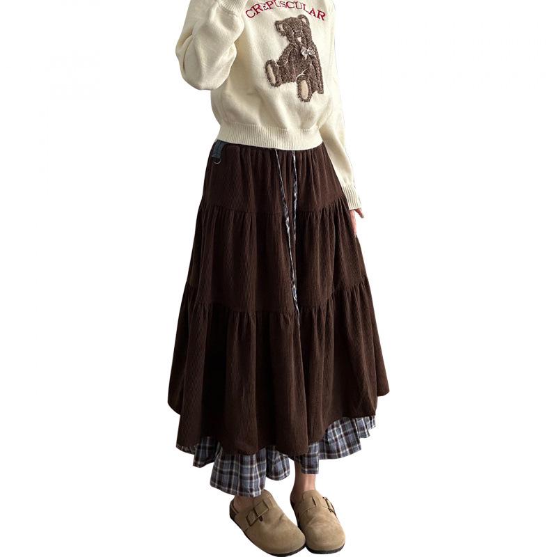 Autumn/Winter Corduroy Double-Layer Plaid Long Skirt for Pregnant Women (No Support Belt)