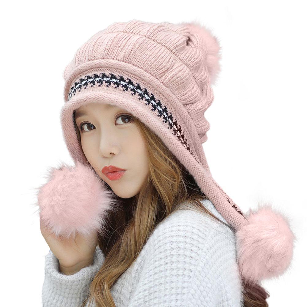 Girls Thicken Ski Snow Cap Fur PomPoms Winter Women Beanie Hats Female Skullies Warm Gloves + Knit Hat Set