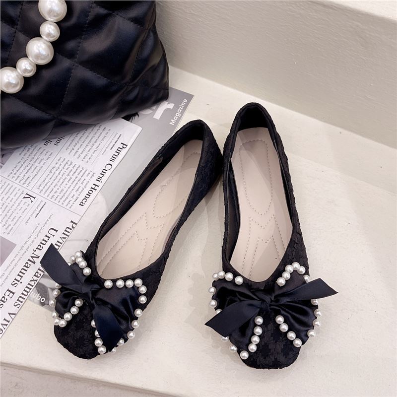 

Одиночные туфли женские лето 2025 новые модные универсальные ретро бант жемчужные неглубокие горловины квадратный носок нескользящие туфли Doudou 40