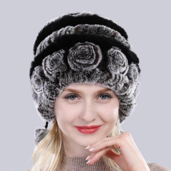 Hot Sale Winter Women Flowers Striped Natural Real Rex Rabbit Fur Hats Lady Warm Knit Genuine Fur Caps Russian Outdoor Fur Hats
