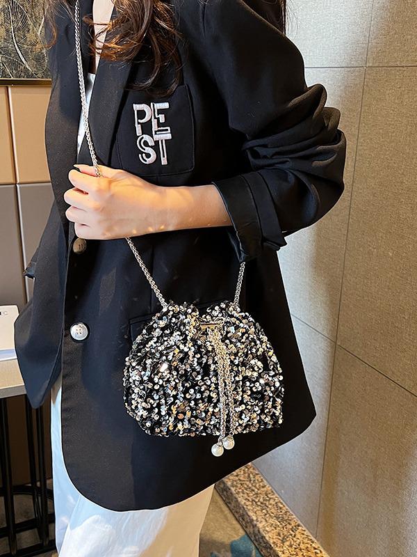 Chic Sequin Korean-Style Bucket Bag: Trendy Pleated Single Shoulder & Crossbody Evening Bag for Women 2026
