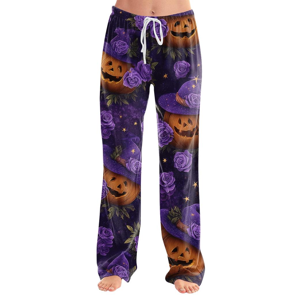 Women Drawstring Lounge Pants Halloween Print Casual Loose Fit Full Length Pajama Bottoms with Elastic Waistband and Relaxed Style