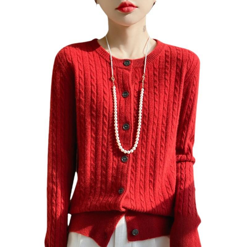 Women's Loose Twist Stitch Wool Cardigan Sweater - Red Round Neck, New Year 2024 Edition.