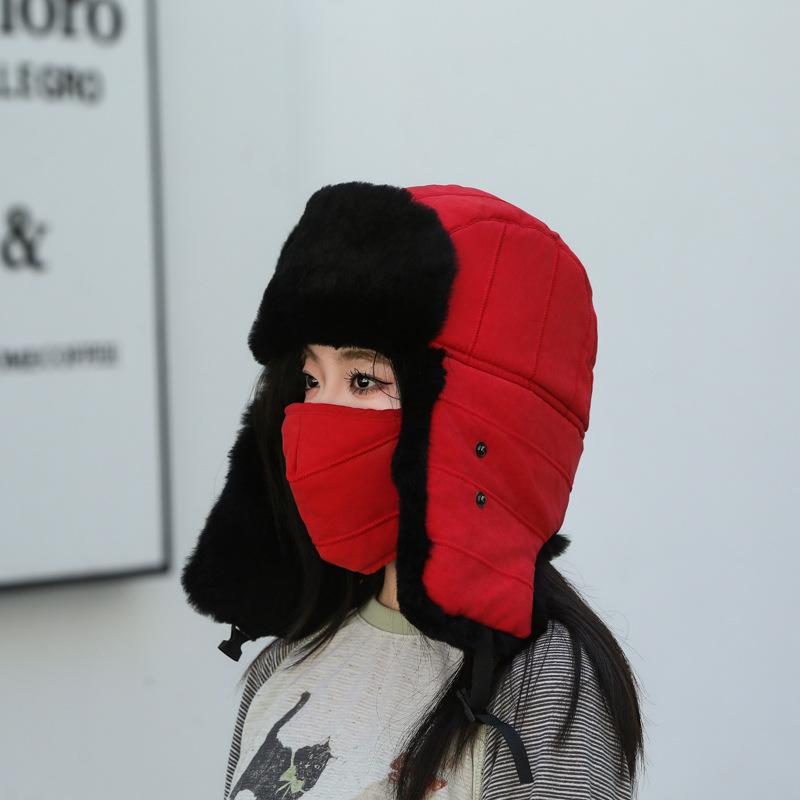 Hat Men's winter real rabbit hair cold-proof women's tide cycling warm fleece thickened cotton hat