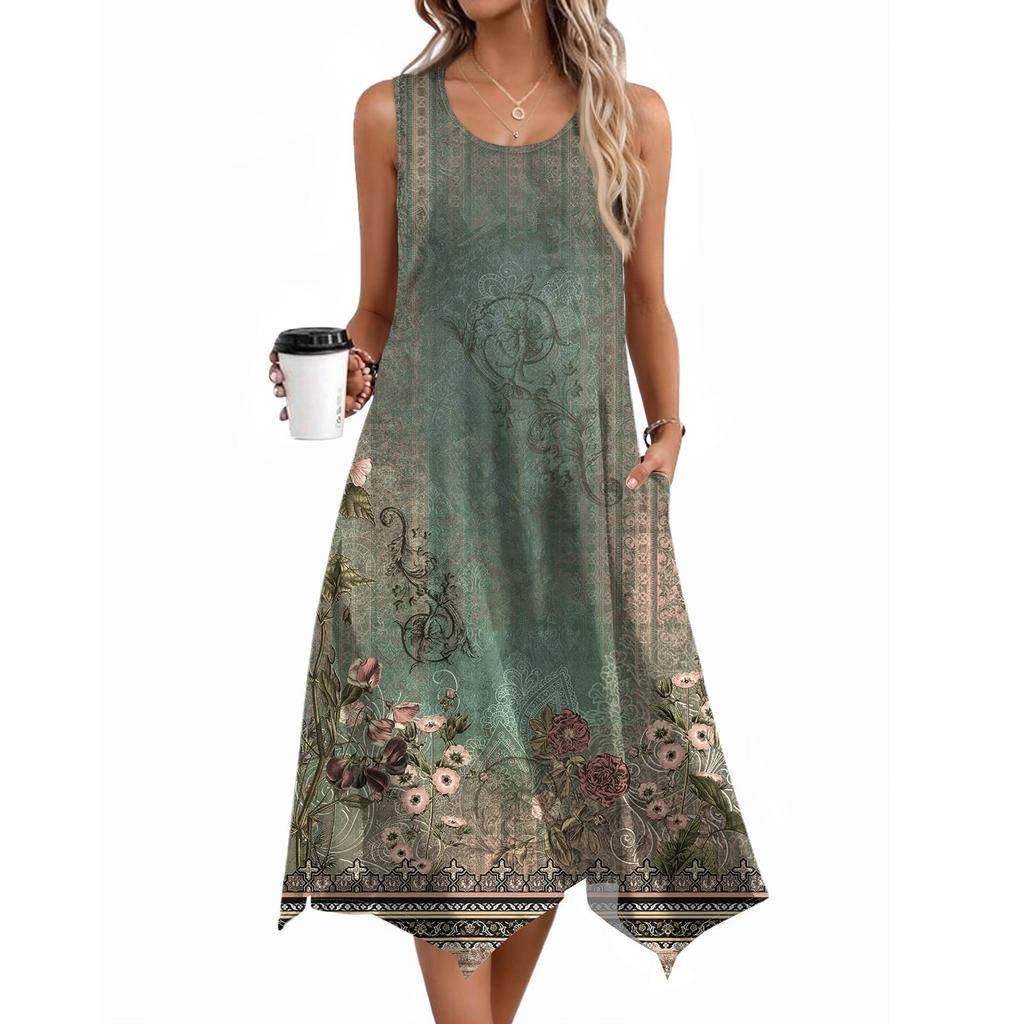 Damen Lässige Ärmellose Sommerkleider Frühling Rundhals Patchwork Boho Floral Rüschen Cocktailparty Midi-Kleid