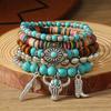 5pcs/Set Western Cowboy Style Faux Turquoise Series Fashion Stretch Beaded Bracelet Set, Suitable For Women Or Men For Daily Wear
