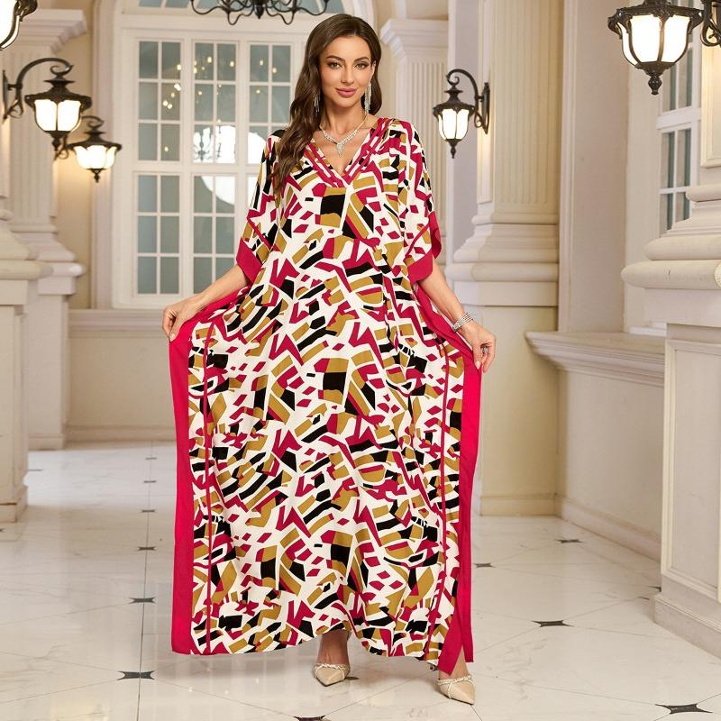 Women's Fashion Summer Spring Solid Color Print 1/2 Sleeves V-Neck Loose Waistline Casual Dresses