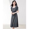 Elegant French Pleated Square Neck Puff Sleeve Midi Dress