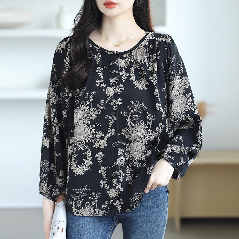 

Цветочная шифоновая рубашка для женщин с длинными рукавами, свободный крой, утягивающий живот, прикрывающий антивозрастной топ для женщин, рубашка 3XL чёрный