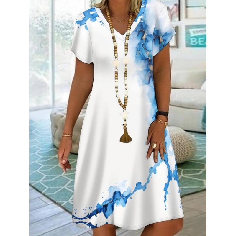 Ladies' Elegant and Fashionable V-neck Short Sleeved Dress with Marble Flower Pattern Print
