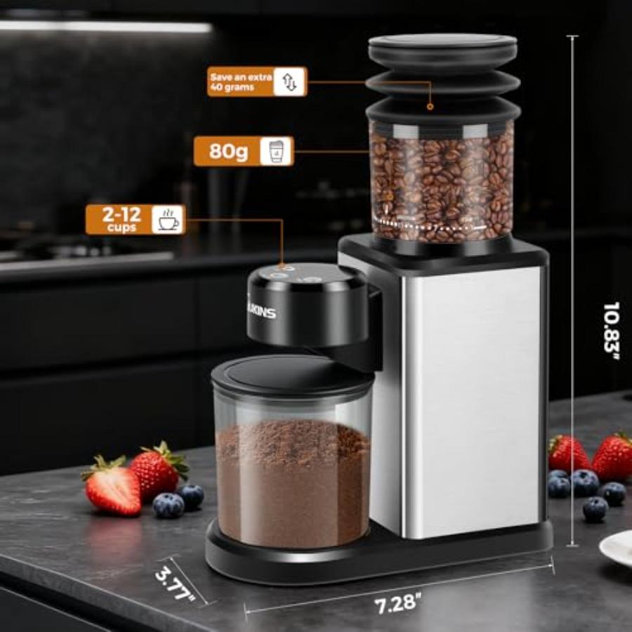Electric Coffee Grinder for Home Cafes: Automatic 25-Setting Conical Burr Grinder with 120g Expandable Hopper Durable Anti-Stat