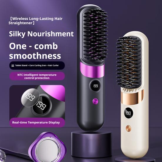 Portable Hair Straightener Brush 4 Temperature Adjustable LED Display Fast Heating Cordless Electric Hot Brush Curly Hair Styling Detangling Comb