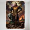Medieval Dark Fantasy Warrior with Dire Wolf Metal Tin Sign, Vintage Castle Fire Skull Bone Battle Scene Poster for Home Bar Man