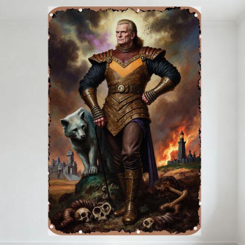 

Середньовічний Темний Фентезі Воїн з Жахливим Вовком Металева Бляшана Табличка, Вінтажний Замок Вогонь Череп Кістка Сцена Битви Постер для Домашнього Бару Чоловіка 20x30cm（7.8x11.8inch）