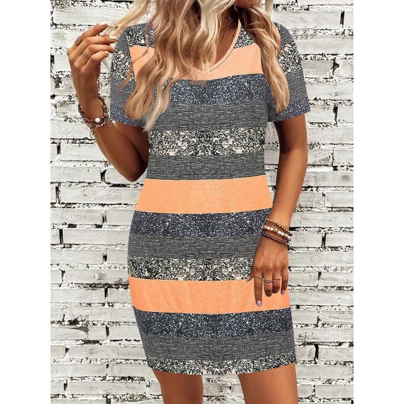 Women's Striped and Printed Fashionable and Casual V-neck Short-sleeved Dress