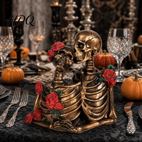 Kissing Skeleton Figurine Halloween Gothic Couple Figurine, Vintage Resin Statue, Romantic Statue Rose Sculpture for Holiday Party Decoration Decor