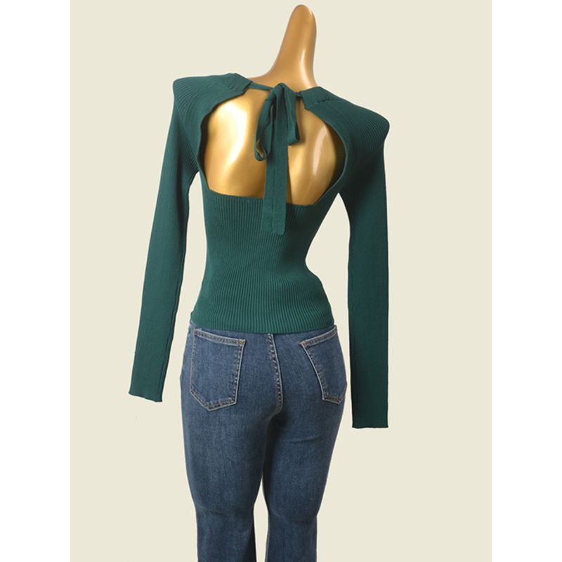 American-Style Sexy round Neck Pit Pattern Knitting Bottoming Shirt for Women Stylish Back Tied Slim Fit Slim Looking Pure Color Long Sleeves