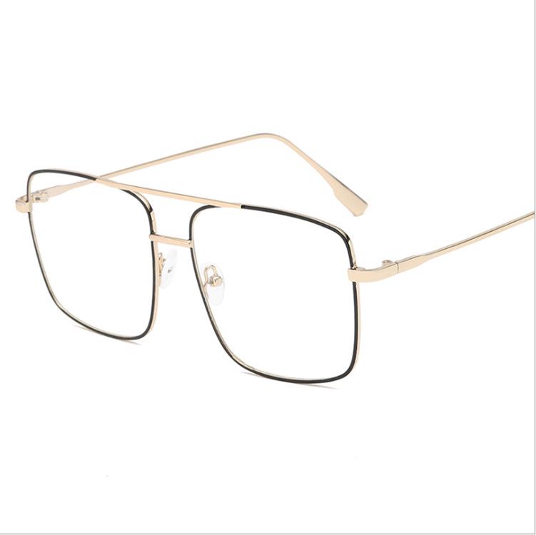 Double-Bridge Retro Metal Square Eyeglasses with Large Frame and Flat Lens