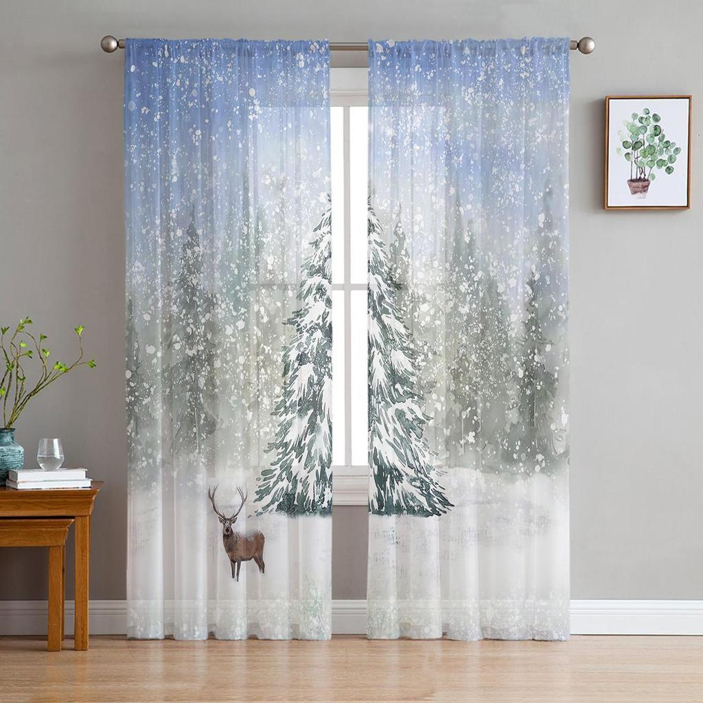 Snowing Winter Elk Christmas Tulle Curtains Living Room Decoration Bedroom Kitchen Window Treatment Sheer Made Of Polyester Area Decor