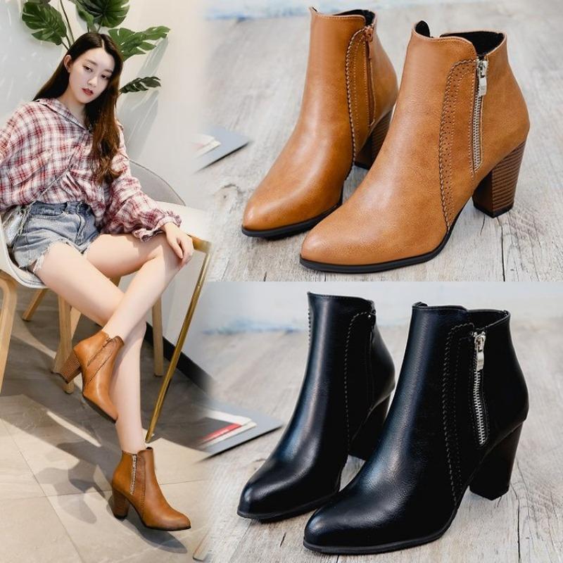 Printemps Automne Femmes Bottines Mode Bottes en Cuir PU Talon Haut 8cm Chaussures pour Dames Fermeture Éclair Latérale Bottines pour Femmes Chaussures 2024