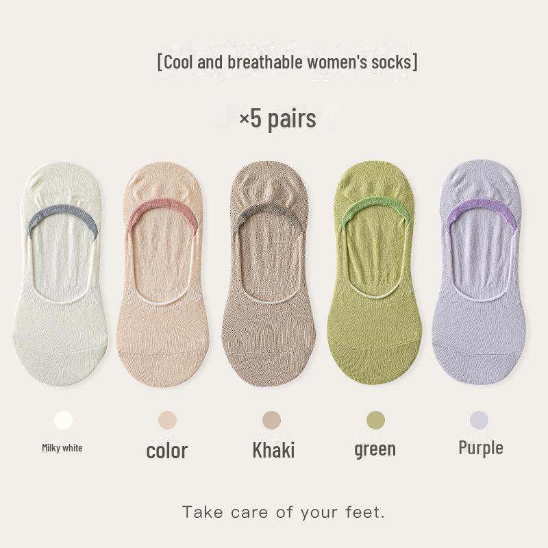 Kadın Nefes Alabilen Pamuk Görünmez Çoraplar - Düz Renk, Ter Emici, Kaymaz, Rahat, İlkbahar ve Yaz için Her Şeye Uygun