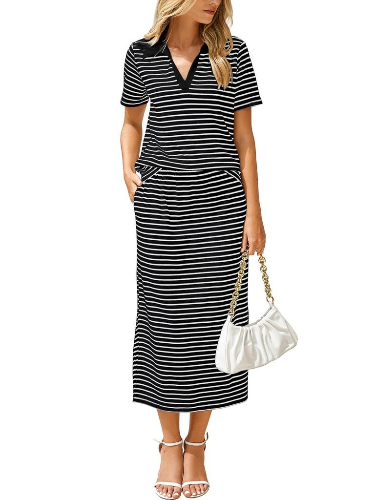 Striped Polo Collar Short Sleeve Top and Midi Skirt Two Piece Set in Multi Colors
