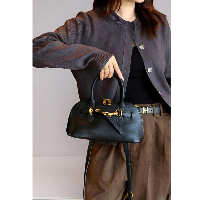 Luxury Brand Genuine Leather Women Handbags Fashion Gold Buckle Shoulder Bags Women Retro Cowhide Boston Bags Lady