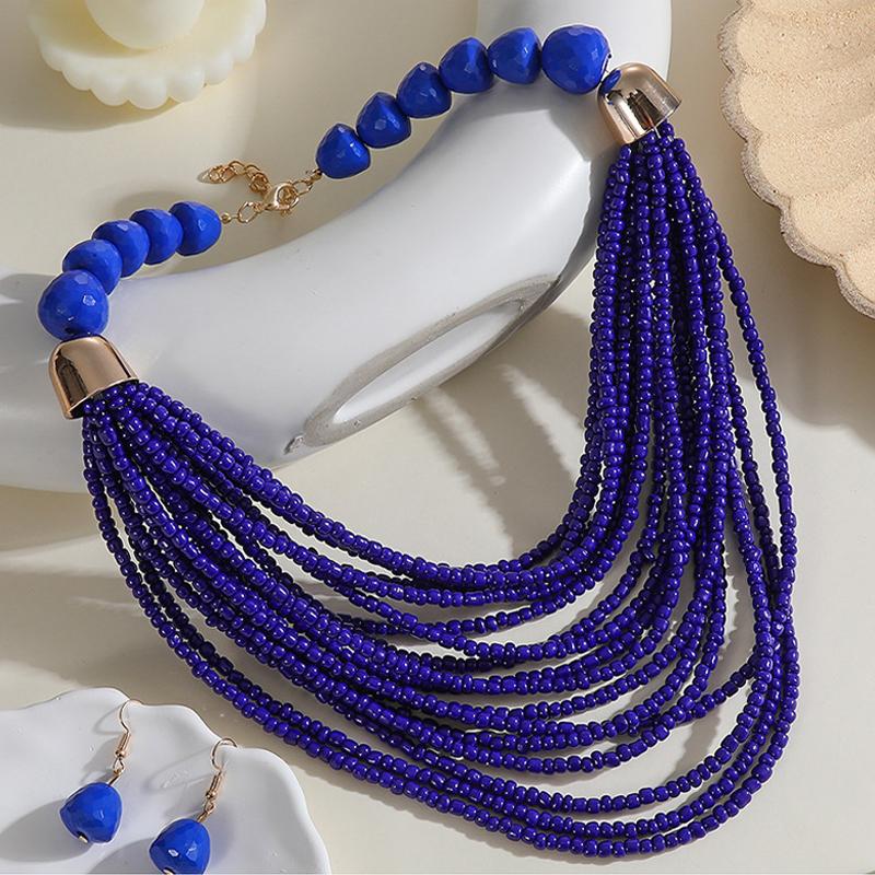 Bohemian Vacation Style Rice Beads Handmade Jewelry Set for Women Multilayer Necklace Earrings Accessories