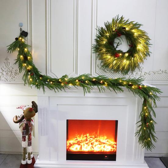 Pre-lit Artificial Christmas Garland with LED Lights Real Touch Winter Greenery Pine Garland with Red Berries for Table Mantle Fireplace Farmhouse