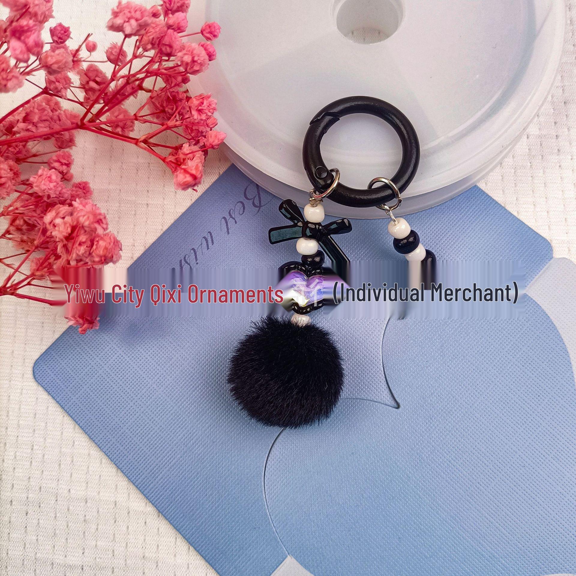Handmade Pom-Pom Letter Bow Keychain & Phone Lanyard Charm
