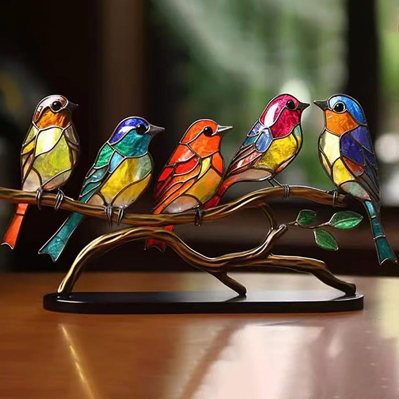 Stained Birds On Branch Desktop Ornaments Double Sided Colorful Birds Series Animals Shape Iron Art Craft Home Decoration