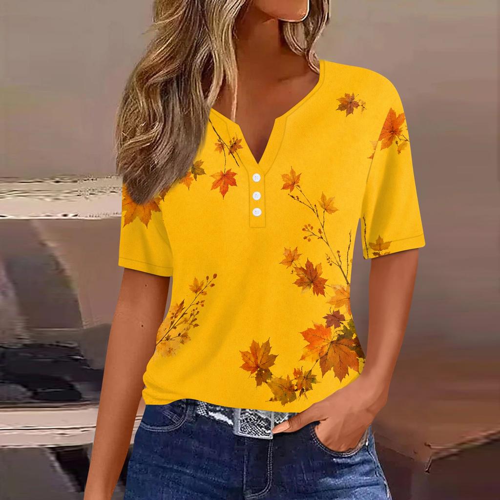 Damen Casual Kurzarm Hemdbluse mit Knopfleiste und Ahornblatt-Print