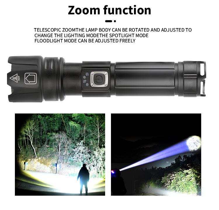 XHP70 High-Brightness LED Flashlight - Aluminum Alloy, Telescopic Zoom, Electric Display, Waterproof, Multifunctional Outdoor Handheld Light
