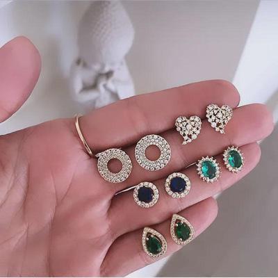 European & American Rhinestone Earrings: Diamond, Drop, Round, Oval, Heart - 5-Pair Set