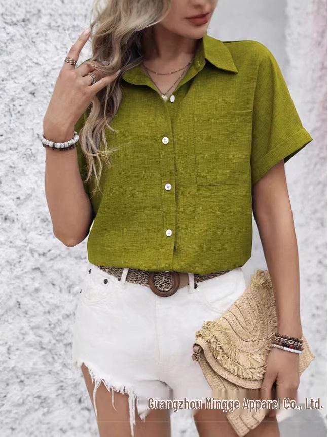 Women's Casual Pure Cotton Lapel Short Sleeve Shirt with Pocket