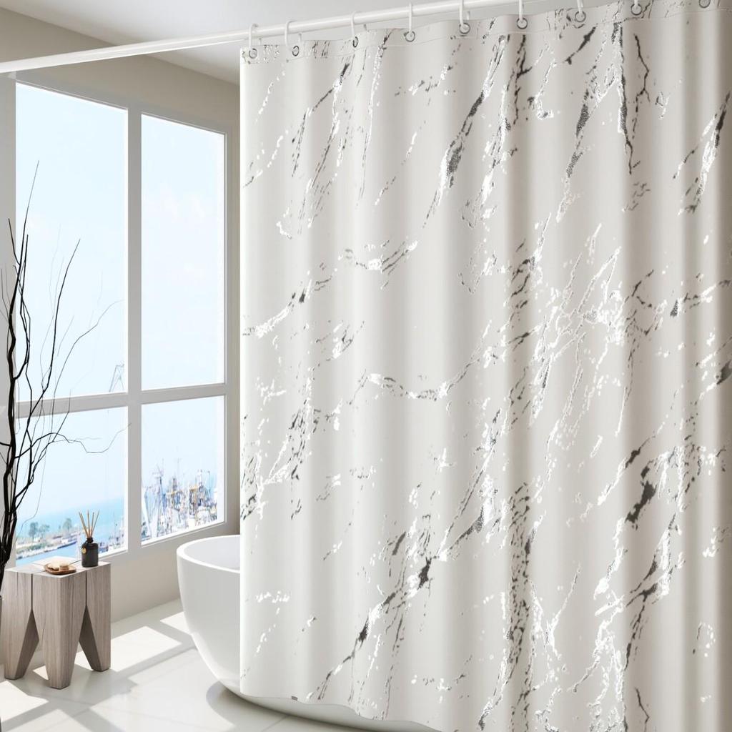 Elegante Tenda da Doccia in Marmo con Texture Irregolare, Stampata Argento e Oro - Divisorio Impermeabile per Bagno