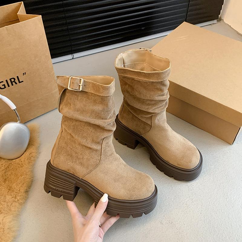 Inner heightened thick heel retro pleated suede Martin boots new small stacks small short boots women's wholesale